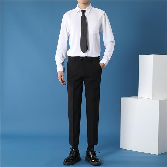 妩纪男士白衬衫西裤两件套商务长袖衬衣九分西装裤搭领带休闲套装2021