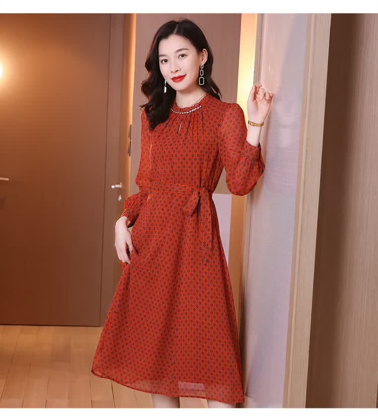 aosijie轻奢品牌女装 圆领真丝连衣裙女2021春夏新款韩版休闲气质波点