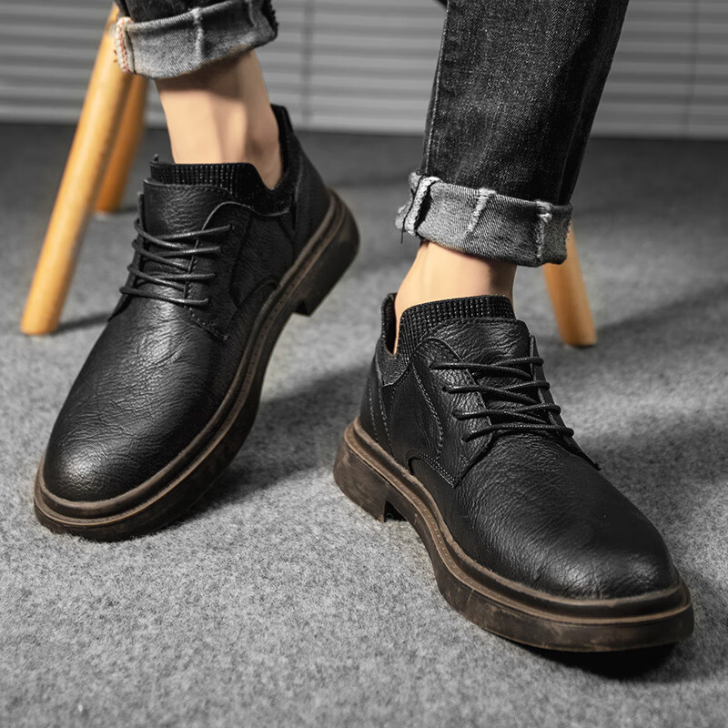 xinya 春季英伦皮面马丁靴男低帮复古皮鞋中帮休闲鞋子袜子口短靴男鞋