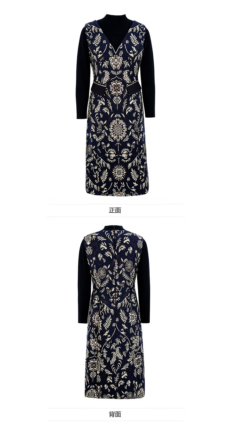 马天奴2022年秋冬新款金色提花连衣裙黑色绵羊毛假两件 黑色 36/s