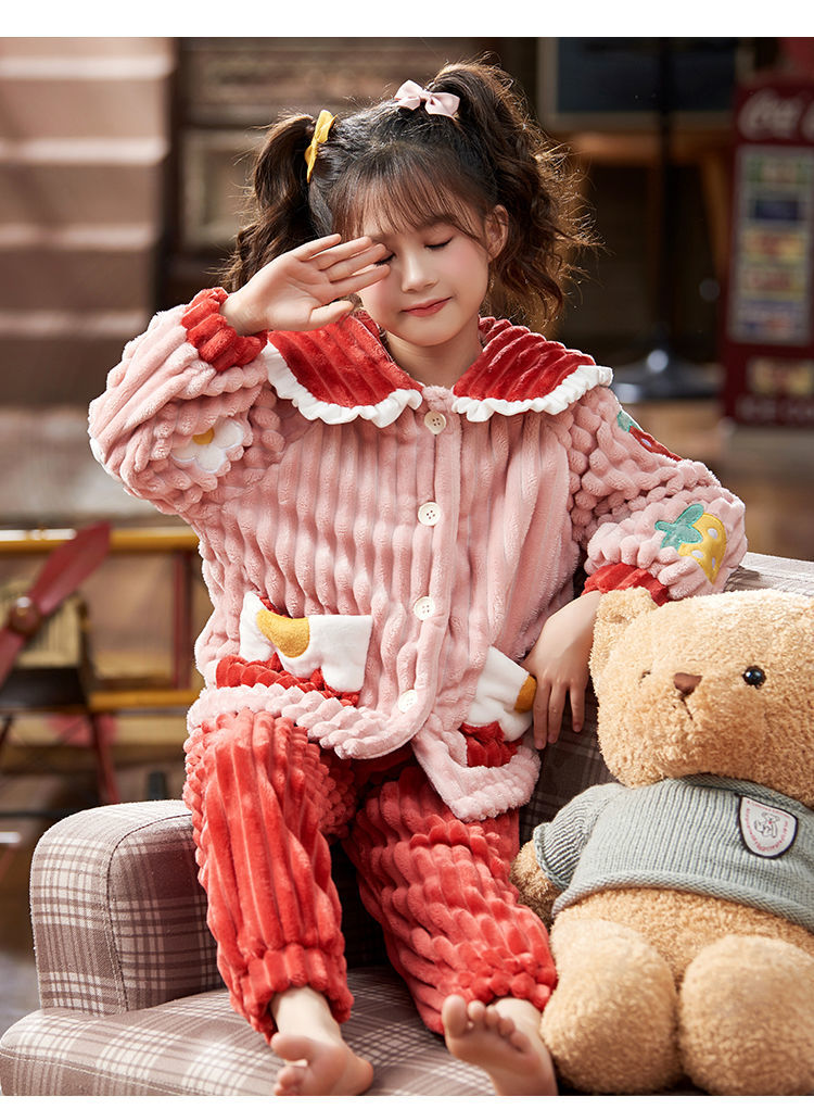 雾绡儿童睡衣女中大童秋冬装珊瑚绒睡衣小女孩家居服加厚套装星黛露