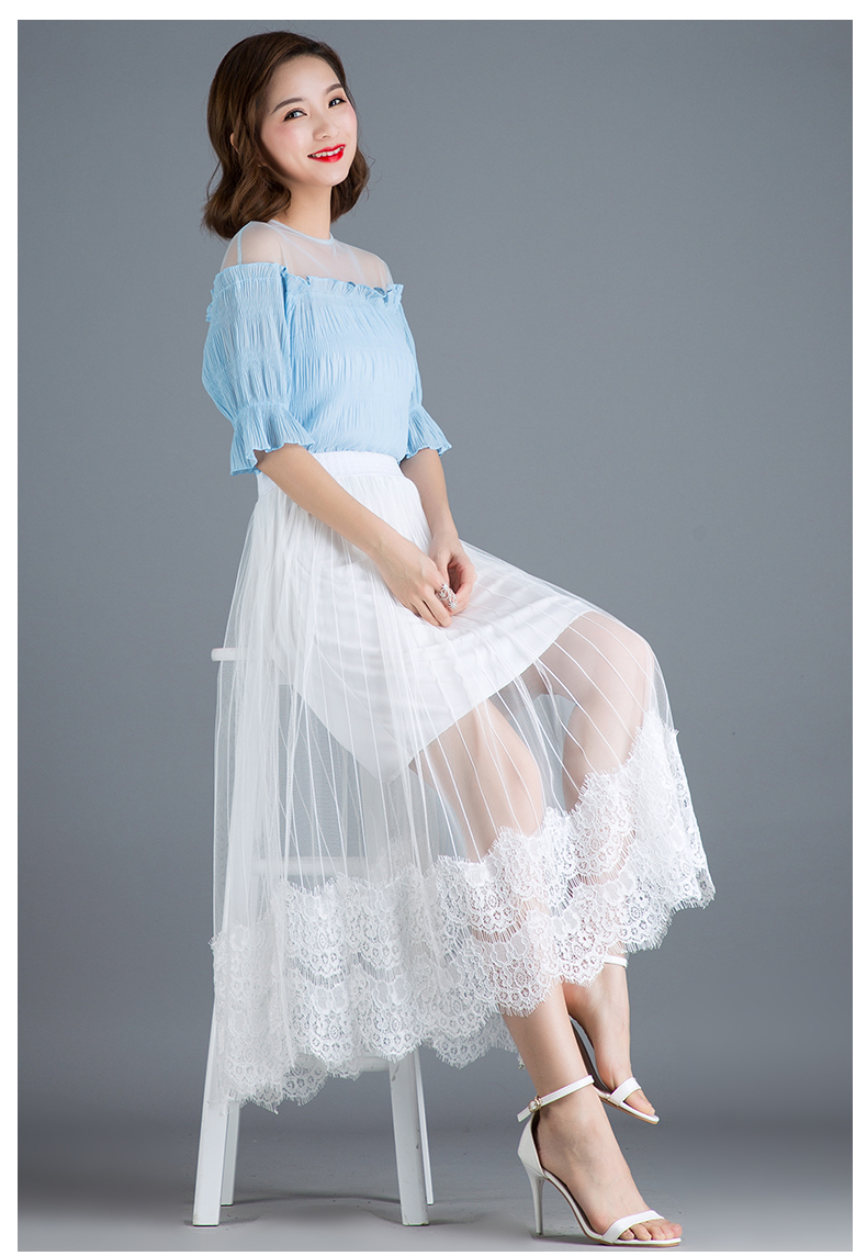 网沙半身裙子黑色蕾丝网纱女夏季薄款中长款高腰单层纱裙透视罩裙垂感