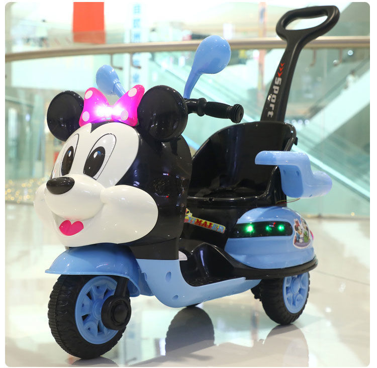 迪士尼商场同款米老鼠儿童电动摩托车可坐人手推车男女宝宝三轮车玩具