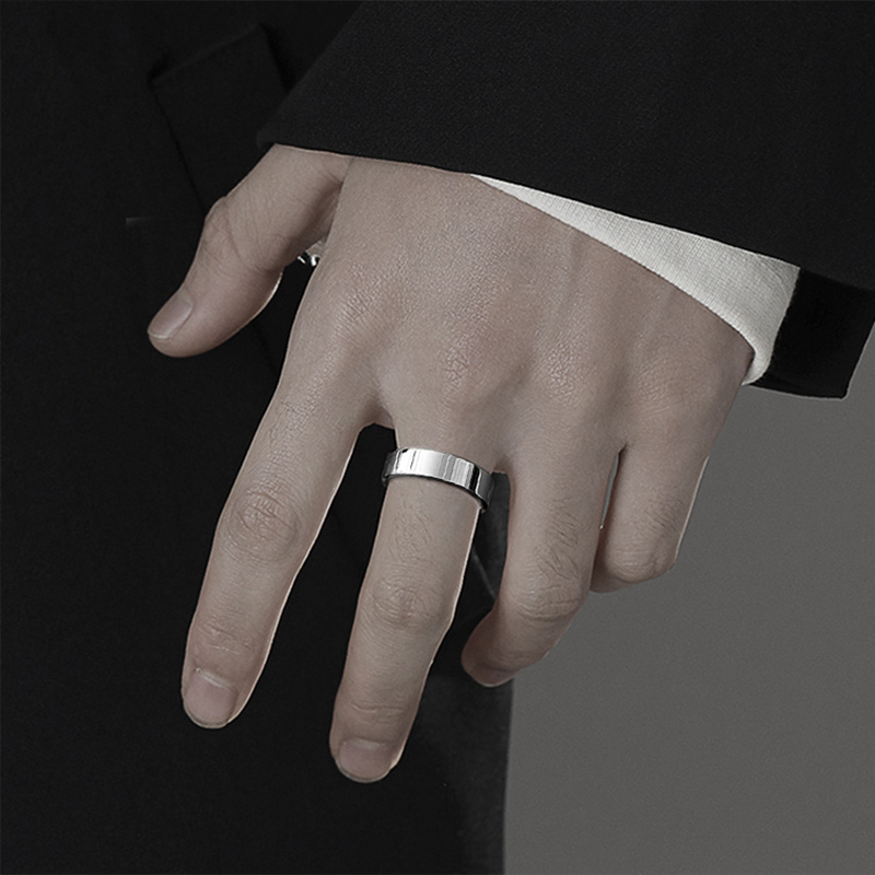 男士单身戒指925银男士戒指男潮单身戒个性简约素圈光面冷淡风开口潮