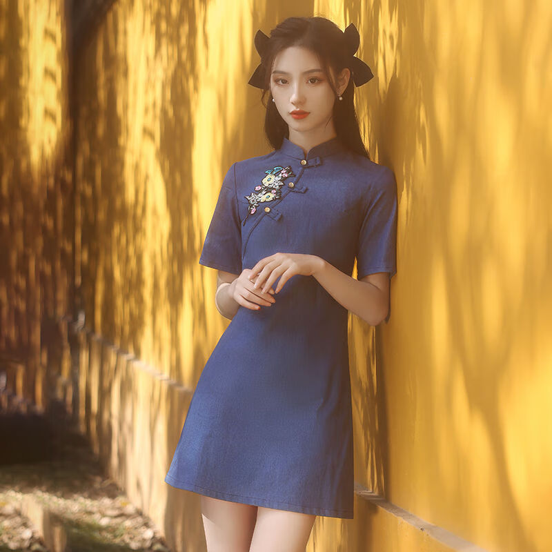 汇今美旗袍女裙子中国风 旗袍短款2021夏季短袖少女改良年轻款小个子