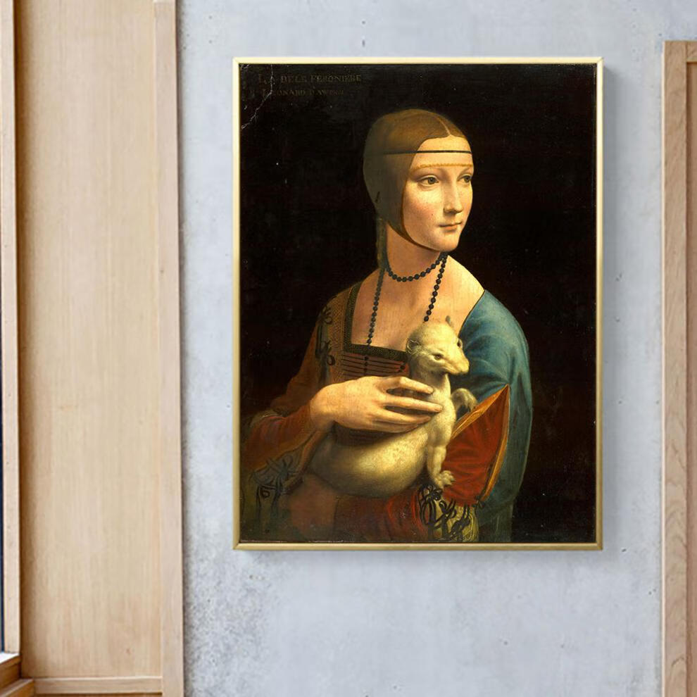 卧室装饰画欧式玄关挂画人物油画达芬奇名画抱银鼠的女人3040经典黑