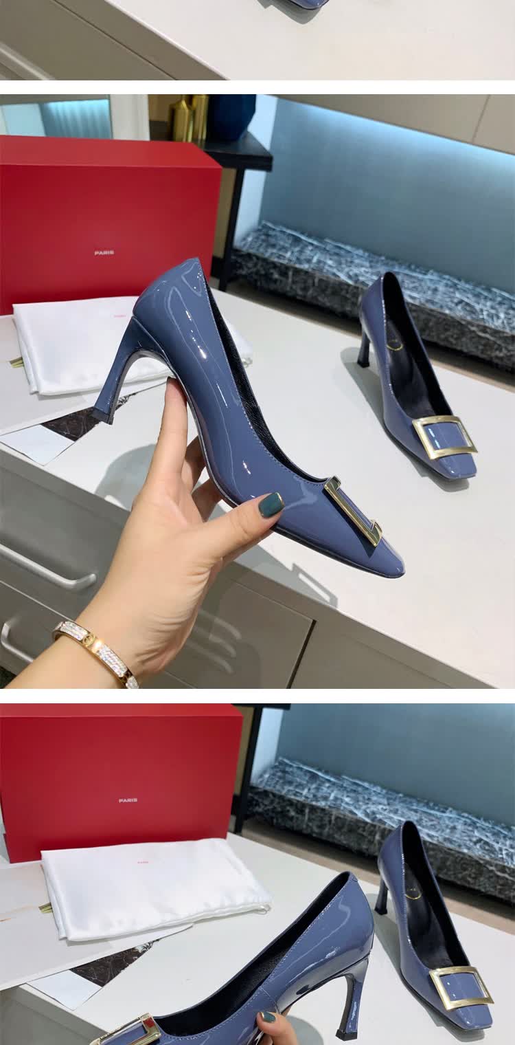 达芙妮rv方扣单鞋漆皮女鞋细跟裸色女粗跟方头法式ol通勤婚鞋百丽爱