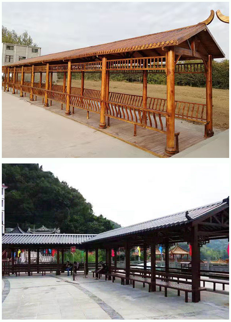 户外长廊古建凉亭防腐木文化走廊景观庭院实木屋水榭亭四角六角亭木屋