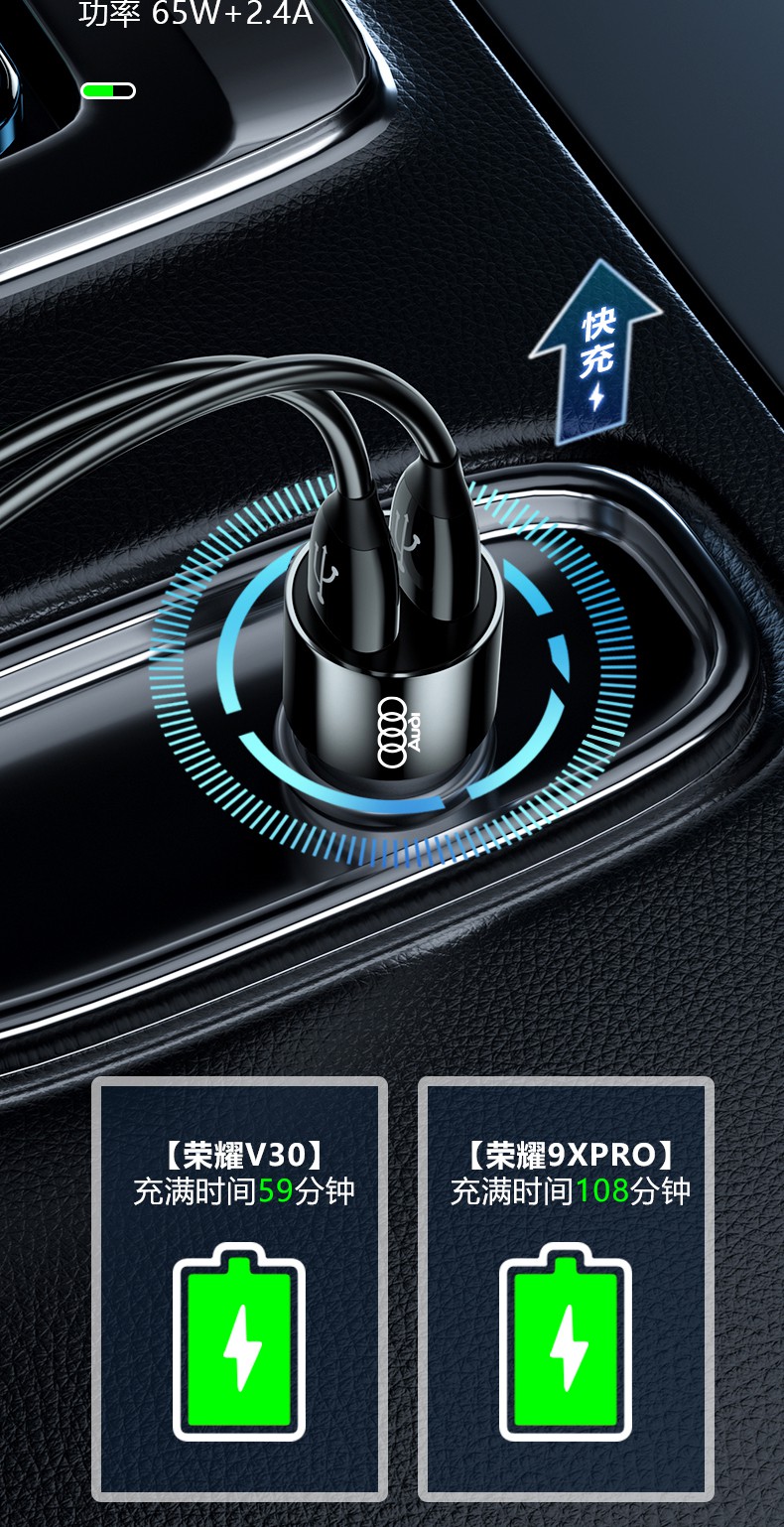 适用于奥迪充电器车载快充a4la6la3q5lq2lq3转换插头改装奥迪65w快充