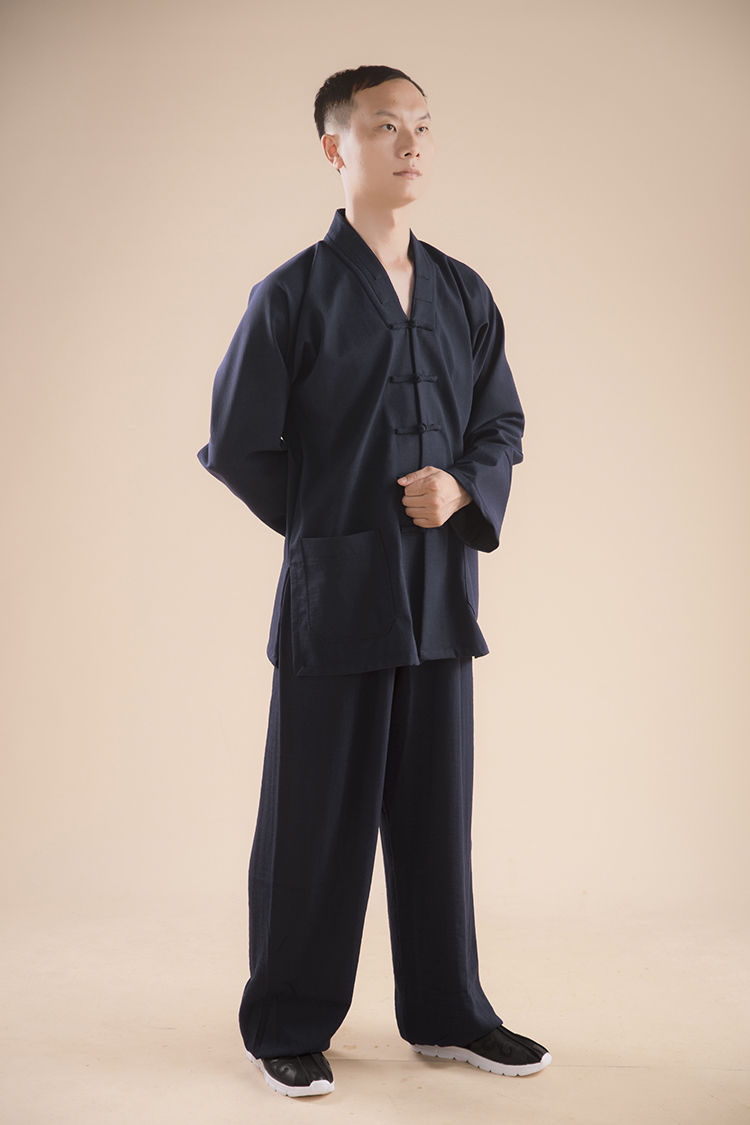 金飒新品武当山标准道士服装太极练功服全套对襟三宝领三清领中褂男女