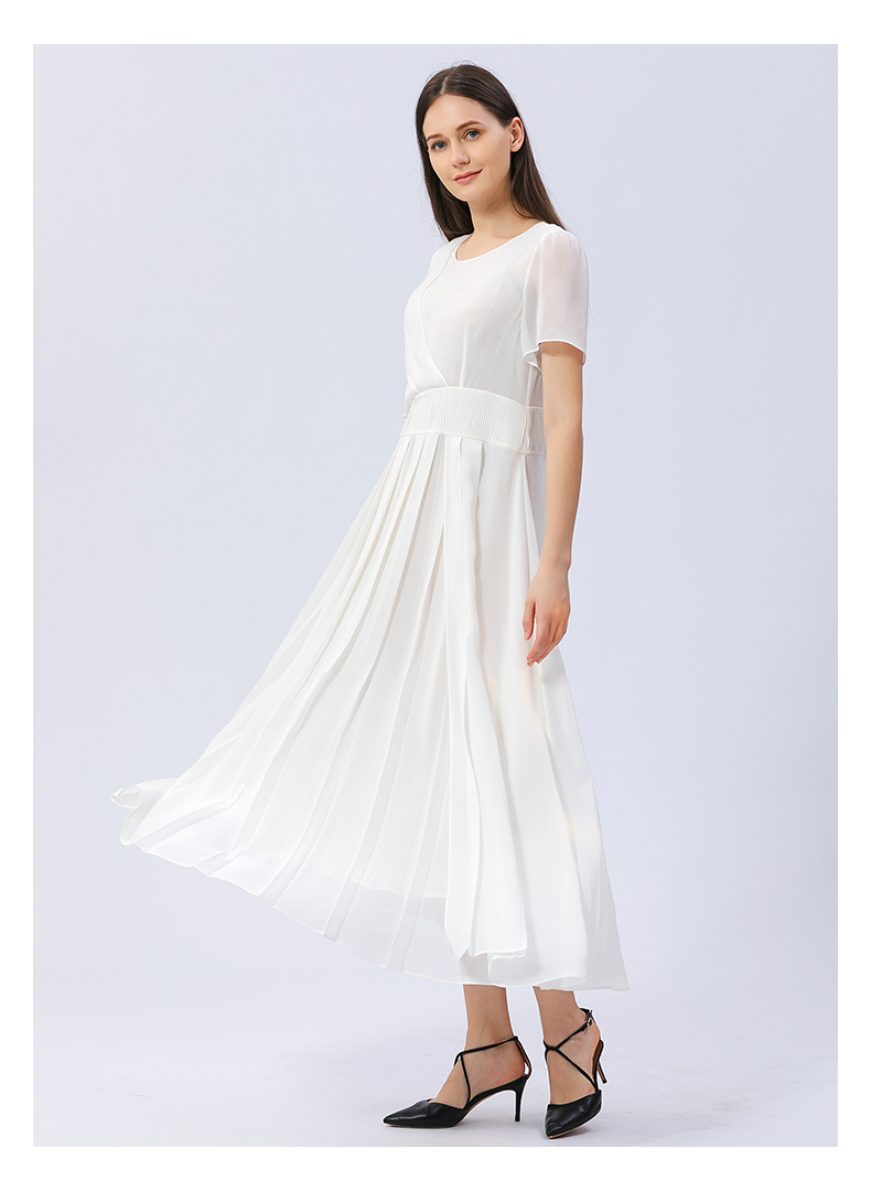 voa真丝乔其纱圆领不对称飞飞短袖褶皱大摆纯白文艺淑女连衣裙ae1117