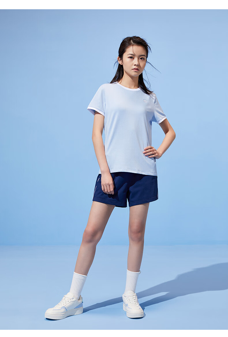 安踏女装运动套装春夏季透气跑步健身运动t恤短裤两件套女士陶瓷蓝4xs