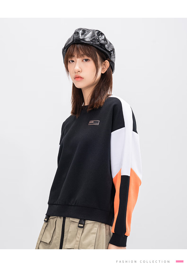 商场同款特步女卫衣宽松2021新款女装糖果色撞色运动套头衫针织上衣