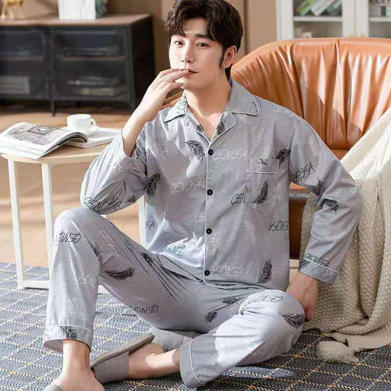 亲肤男士睡衣春秋款睡衣男夏季长袖长裤开衫青中年家居服套装直条白色