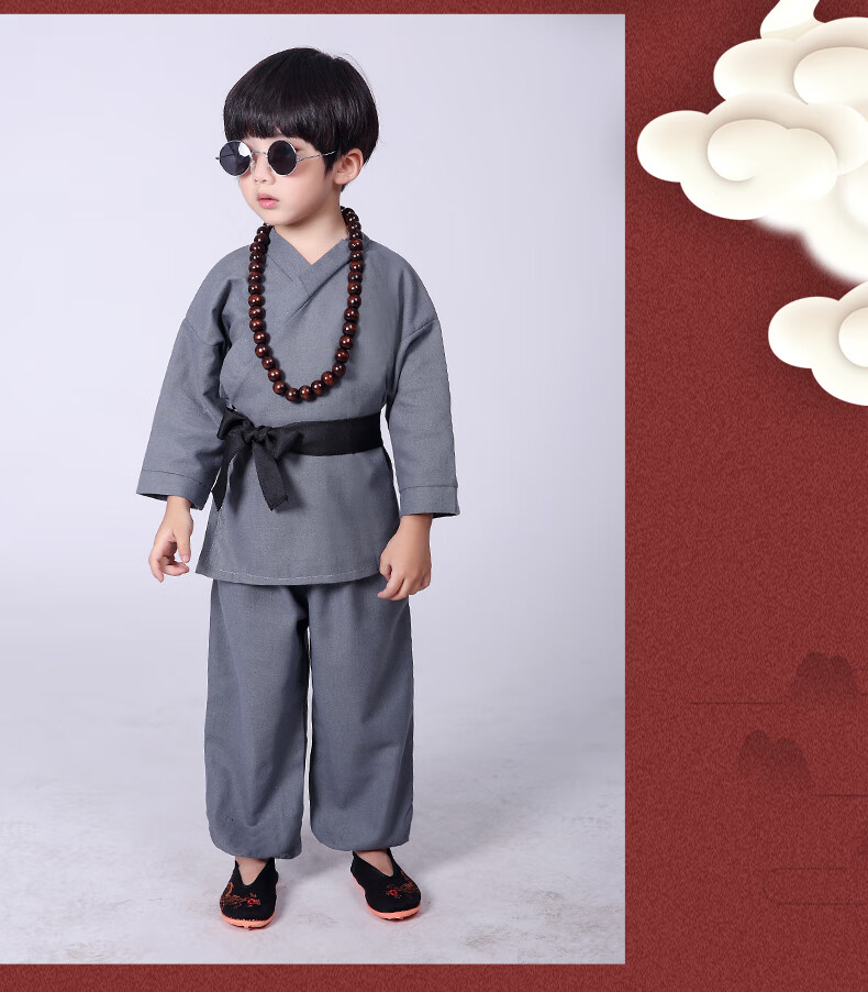 小和尚衣服儿童和尚服宝宝套装小沙弥僧袍少林寺棉麻 小和尚棉麻深