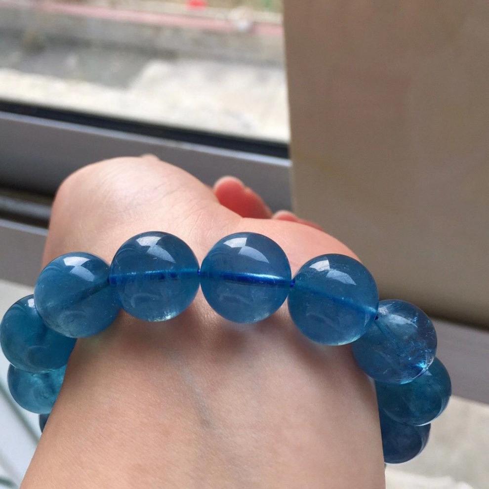 天然收藏级魔鬼蓝海蓝宝单圈手链 颜色艳丽夺目 略带星光猫眼 12mm