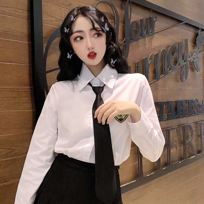 衬衫女两件套百褶裙女jk制服班服黑色短袖黑色百褶裙领带徽章m90100斤