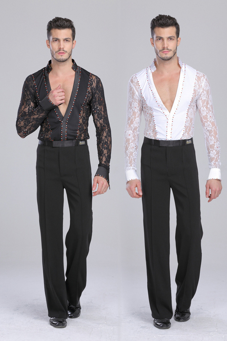 丹宝罗拉丁舞演出服男性感深v黑白色蕾丝新款国标交谊摩登舞蹈表演