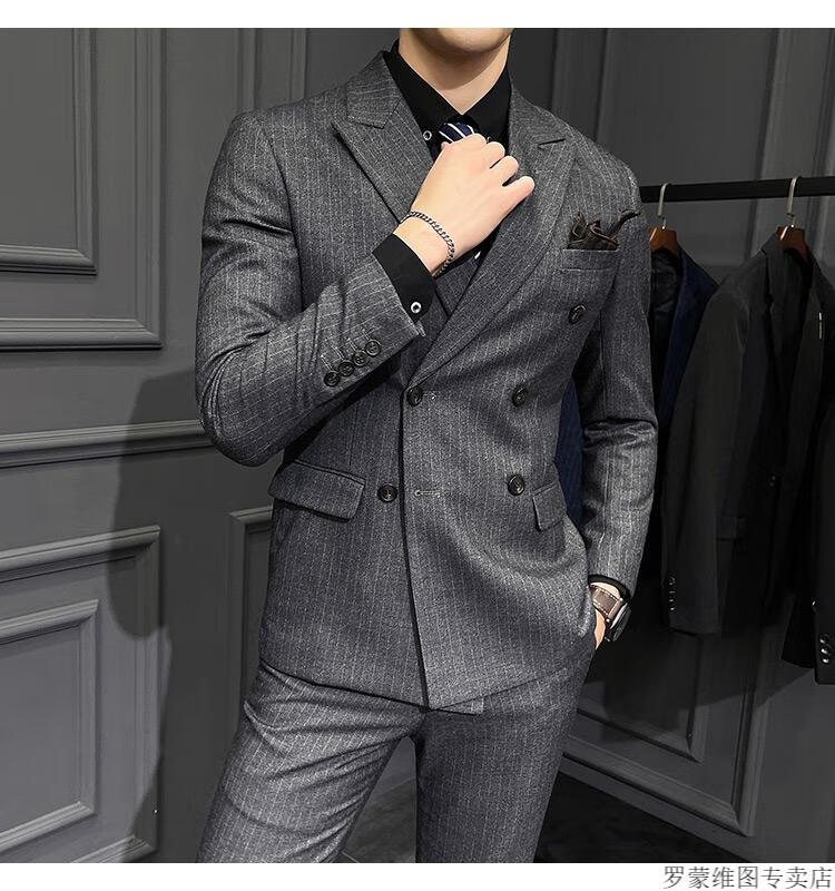 男装夏季新郎西服套装男士商务休闲职业正装工作服面试条纹双排扣西装