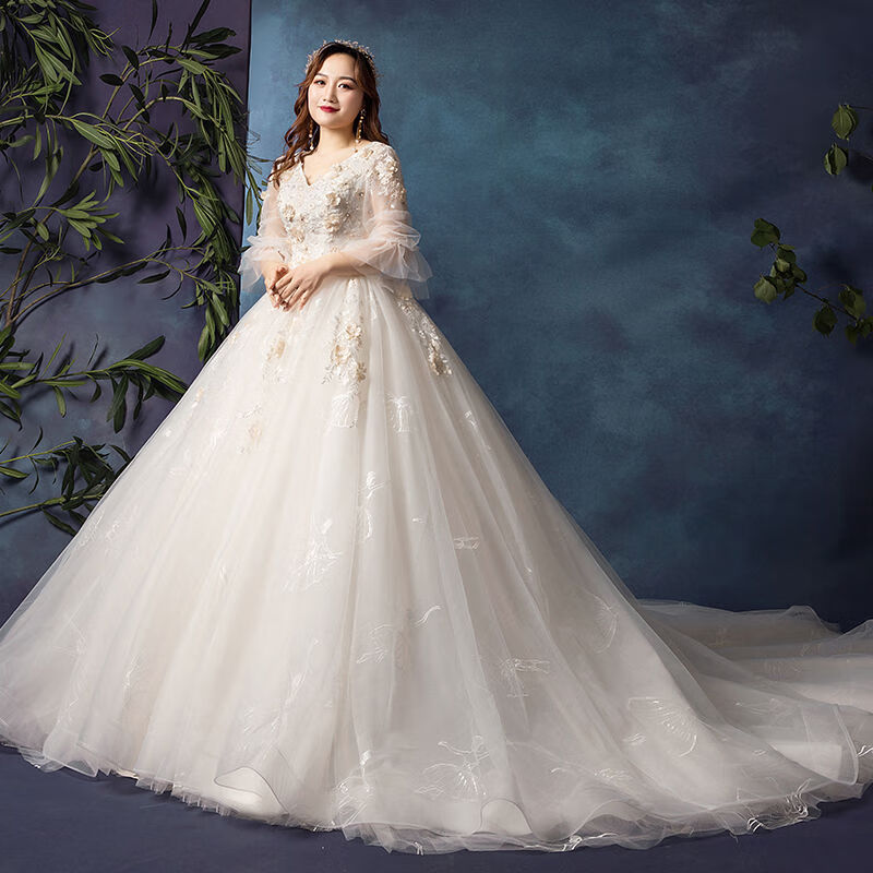 大码婚纱200斤加大加肥特2021新款新娘胖mm300斤显瘦拖尾遮粗手臂白色