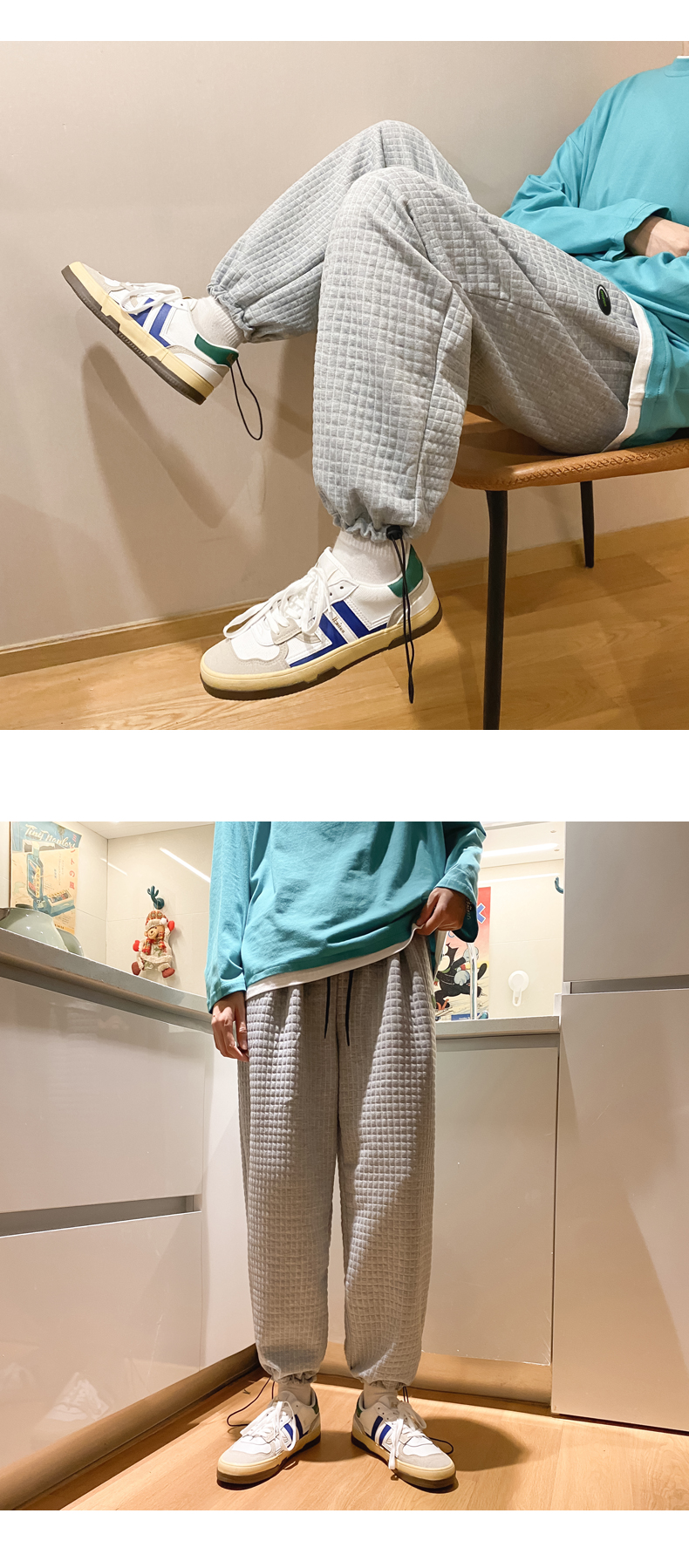 旅藏客 潮牌华夫格卫裤男自主线束脚裤松紧腰春季休闲裤子搭配球鞋