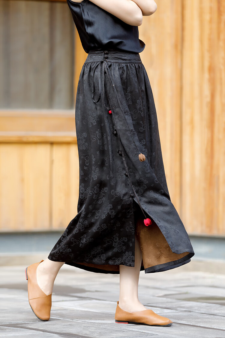 法士隆高档月照人重磅提花黑色真丝香云纱半身裙女中式飘逸a字长裙子