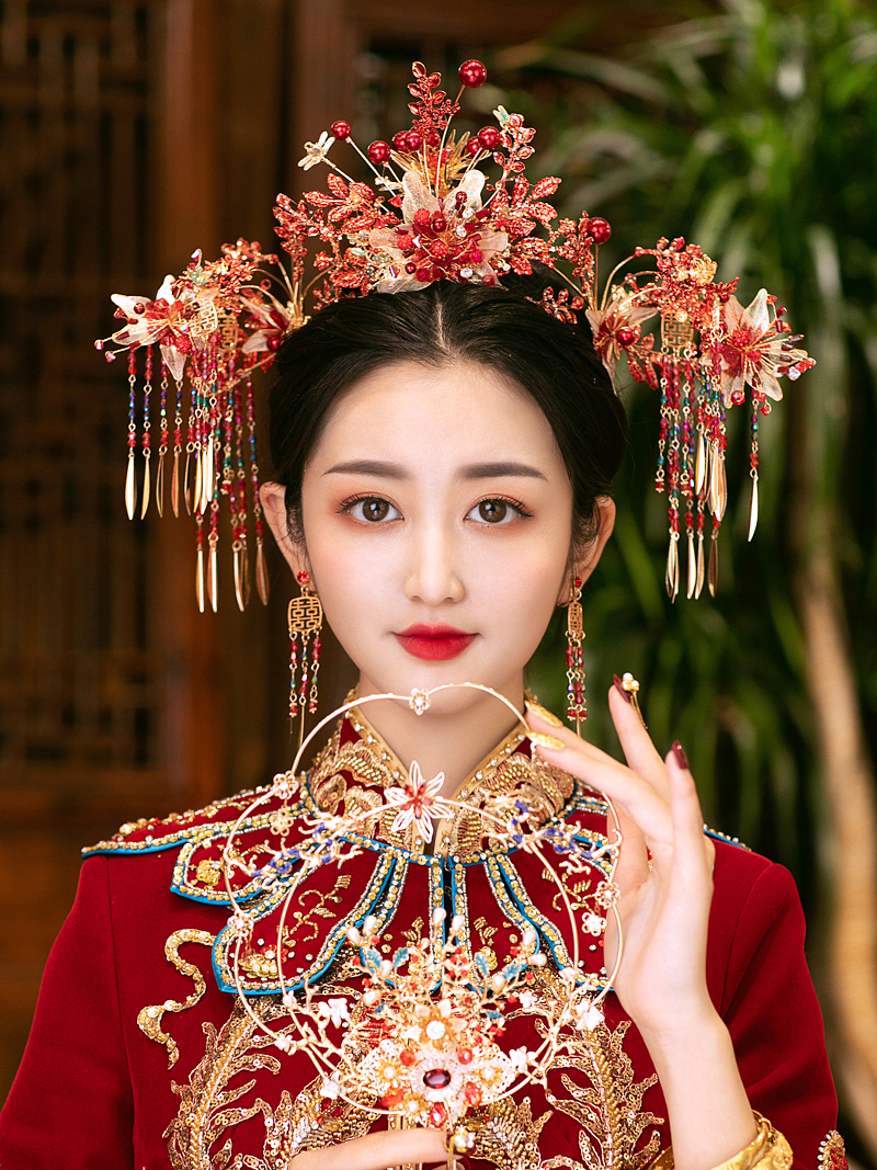 魅丽饰季中式古典秀禾服婚礼头饰龙凤褂流苏古风结婚发簪凤冠新娘配饰