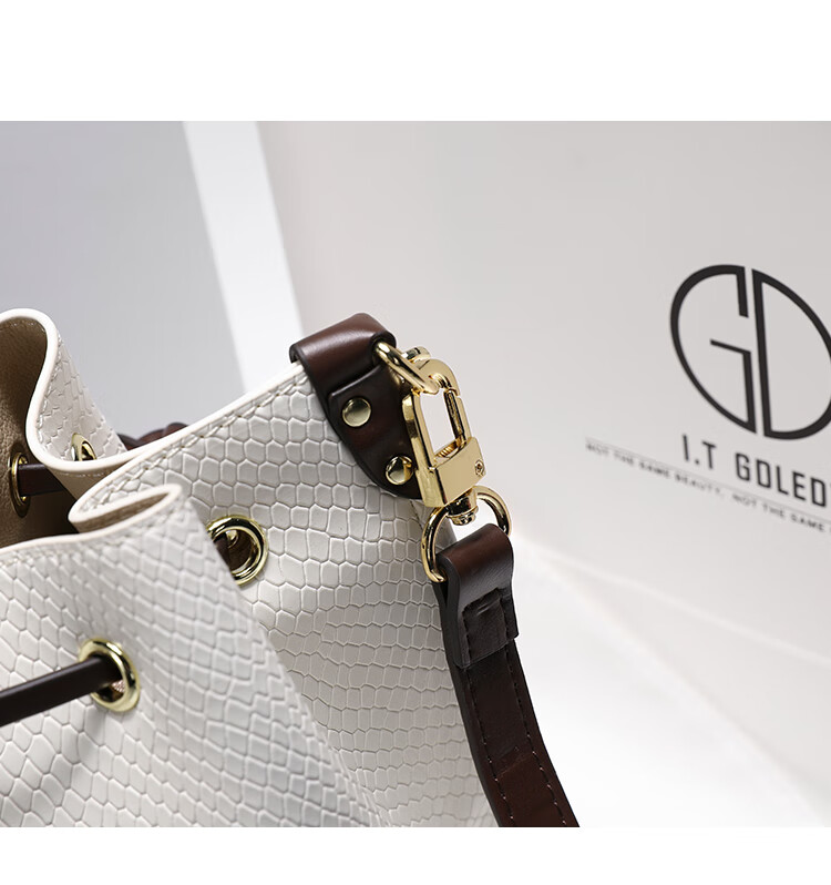 香港itgdledy真皮小众抽绳水桶包包女2021新款潮手提单肩斜挎咖啡色