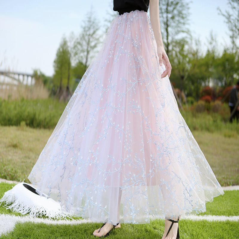 网纱百褶裙女夏纱裙2022新款高腰a字裙显瘦蓝色中长