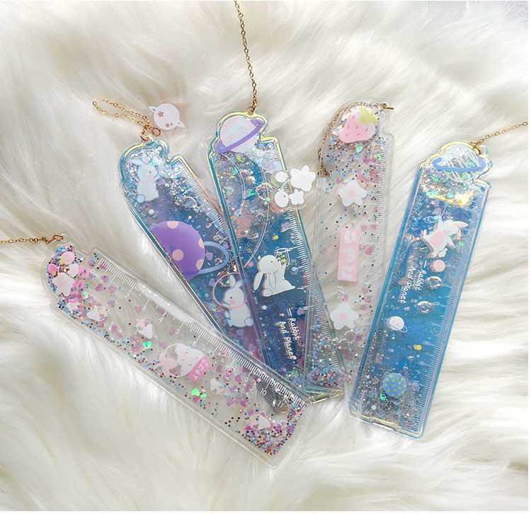 昂古少女心入油流沙书签尺兔子挂坠多功能刻度尺子学生直尺可爱手帐尺