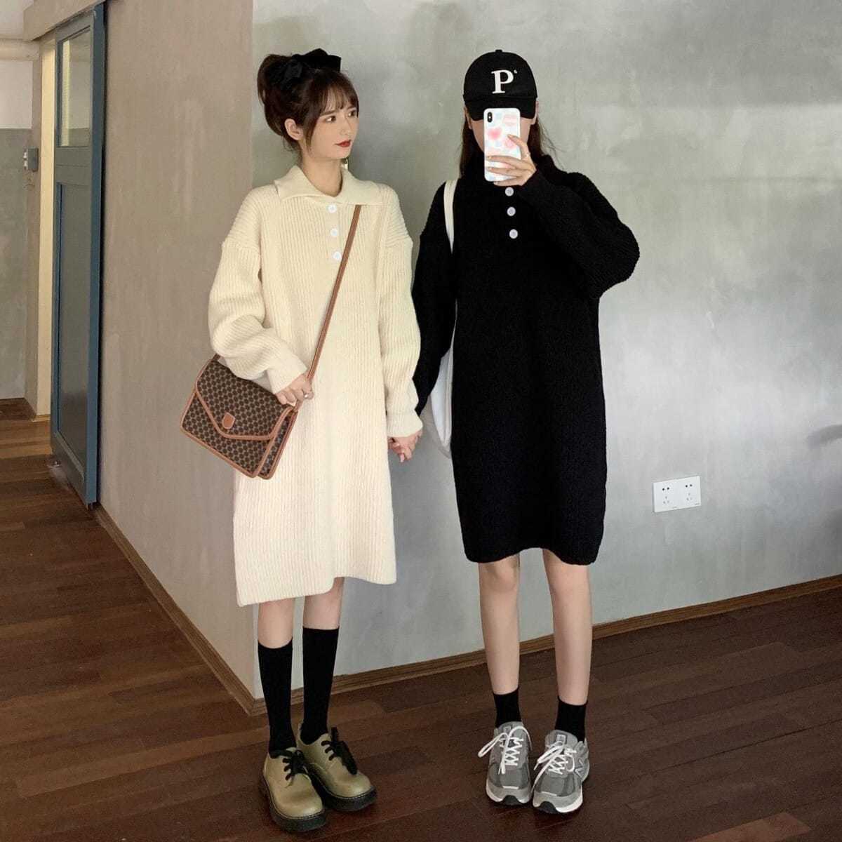 女装慵懒风polo领减龄针织连衣裙女秋冬季加厚中长款毛衣裙杏色s