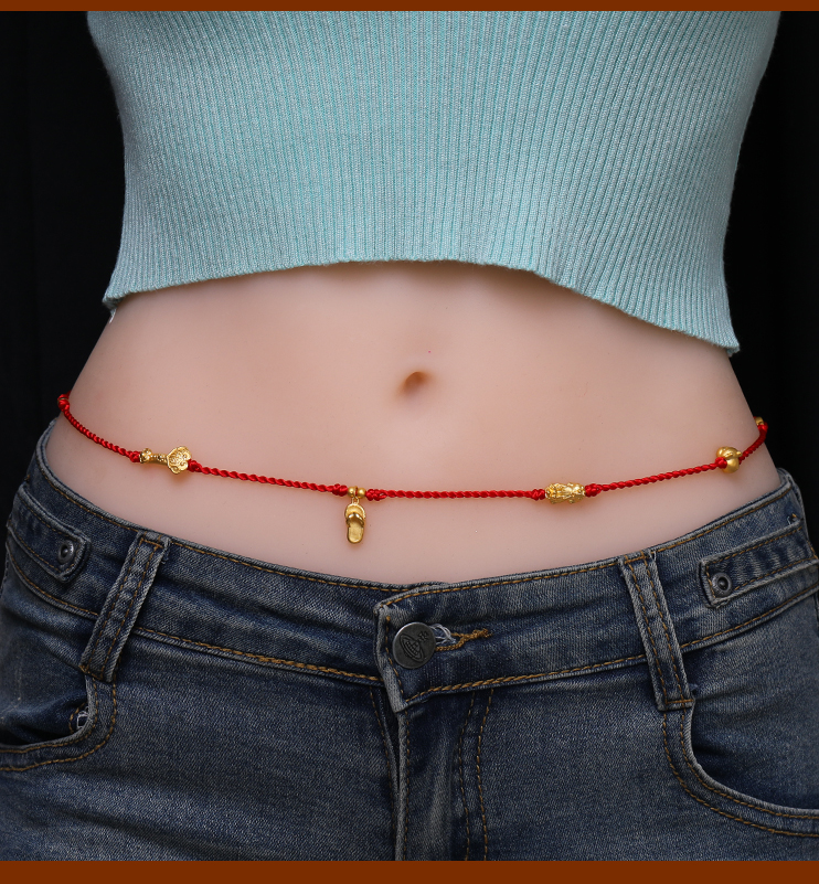 周大福同款腰缠万贯999足金红绳腰链女24k黄金生肖虎貔貅腰绳本命年