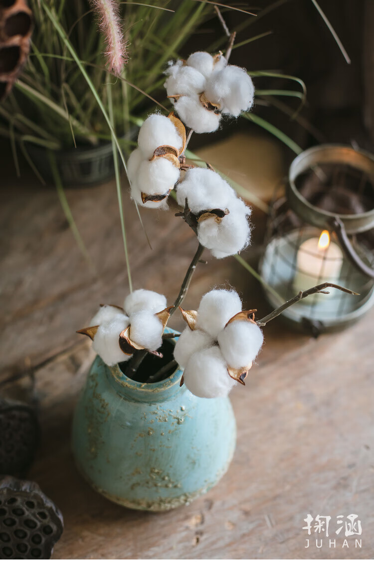 掬涵 天然棉桃仿真棉花枝花艺套装场景搭配道具ins杂货干花 黑釉花壶