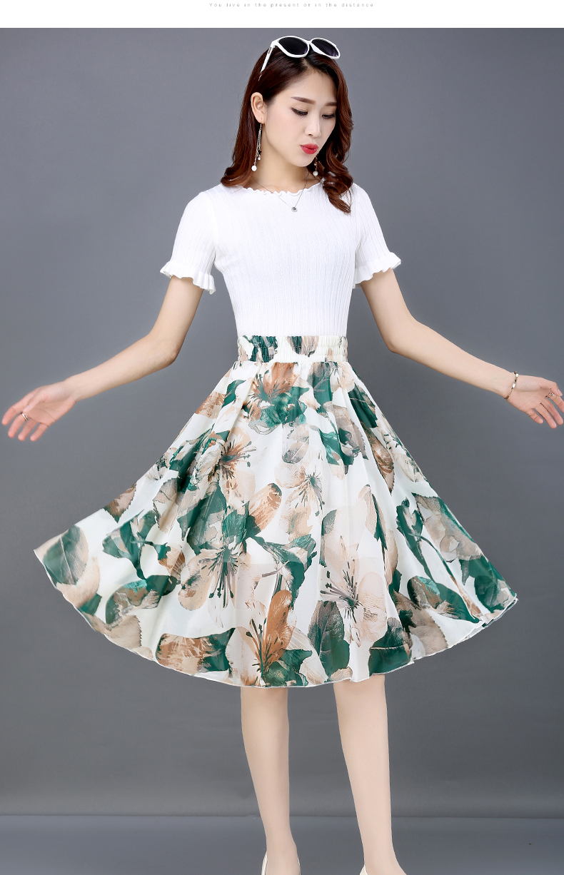 夏天中年妇女半身裙中长款妈妈群跳舞裙子印花女夏高腰松紧腰大摆雪纺