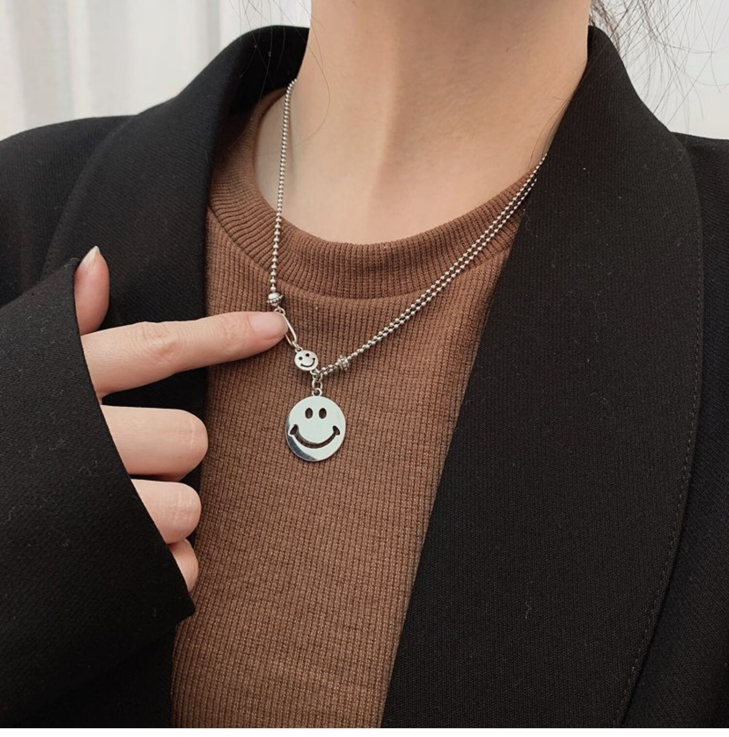 今传福s925银笑脸项链ins网红微笑锁骨链毛衣链女简约个性大笑脸款405