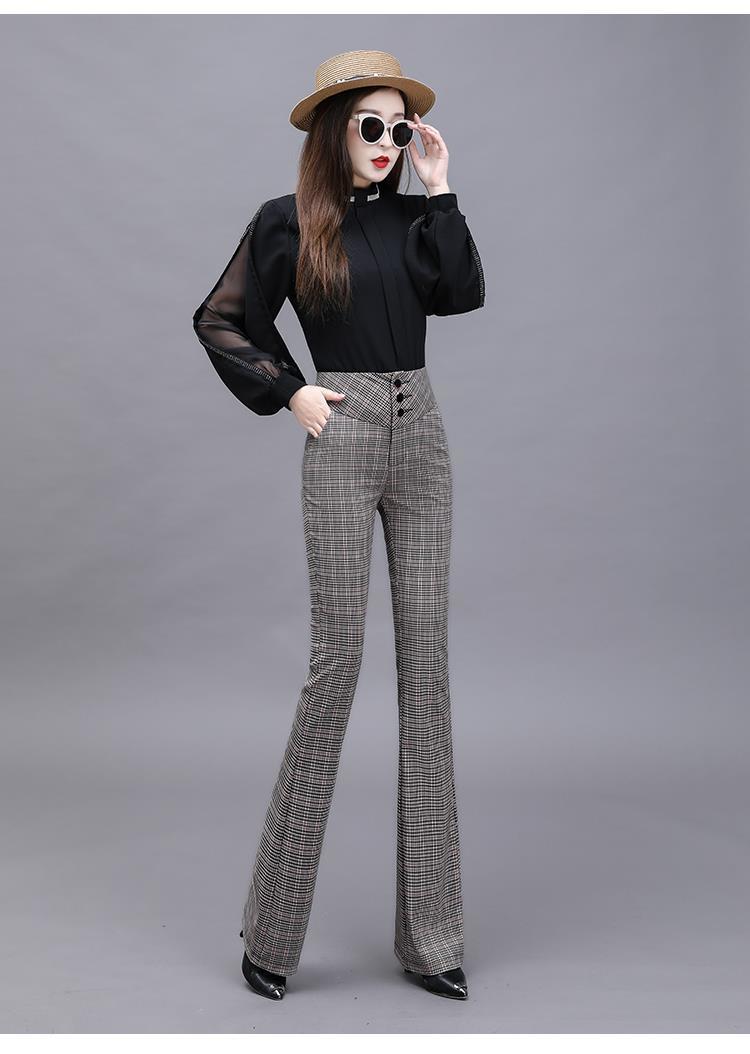 微喇叭裤春秋休闲裤女格子裤2021春秋新款复古喇叭裤女高腰显瘦修身垂