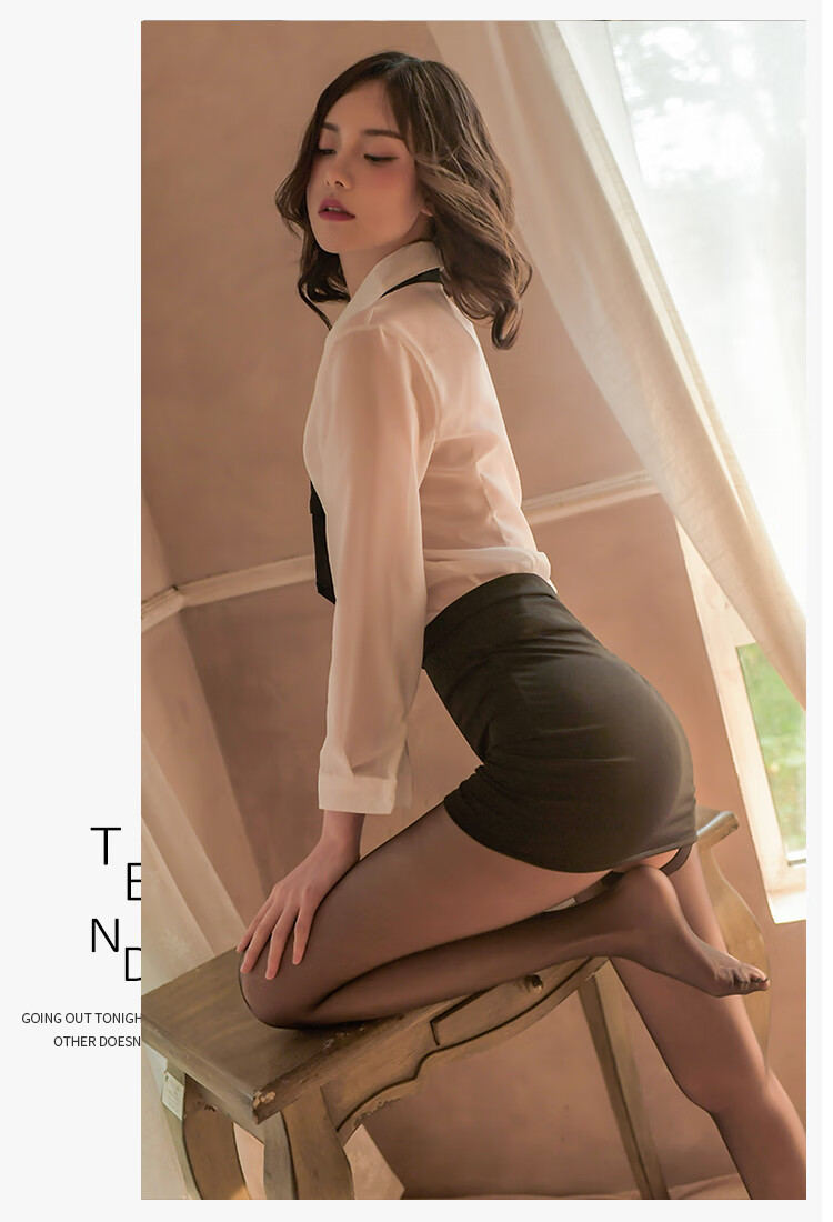 欣然白衬衣ol秘书旗袍性感空姐制服诱惑包臀裙女激情套装黑丝 白-黑