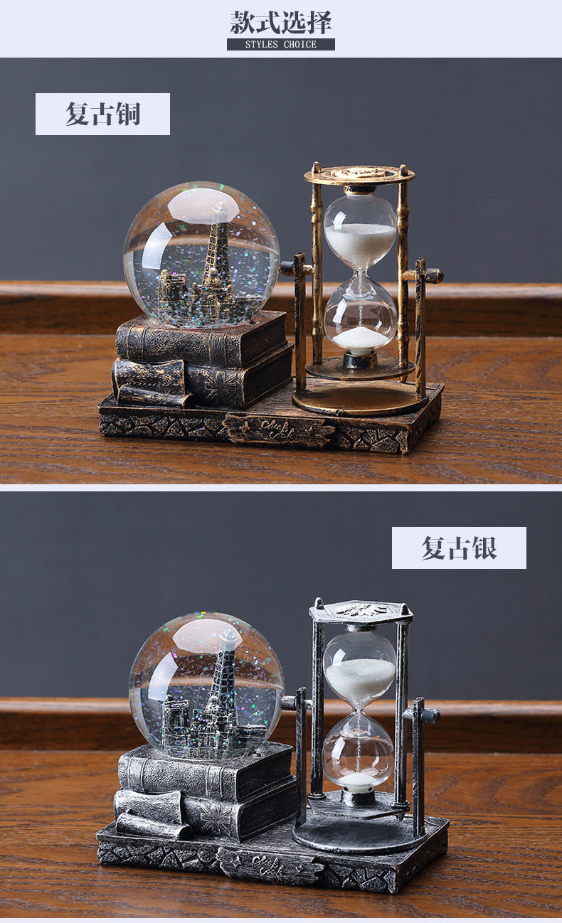 水晶球沙漏计时器创意欧式复古桌面摆件电视柜房间布置装饰品摆设银色