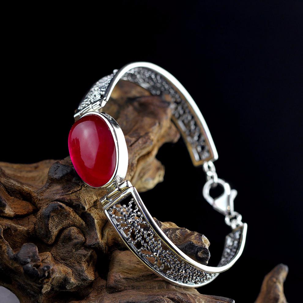 祥美瑞 s925银饰品泰银创意设计手工镂空女士红刚玉手镯 红刚玉手镯