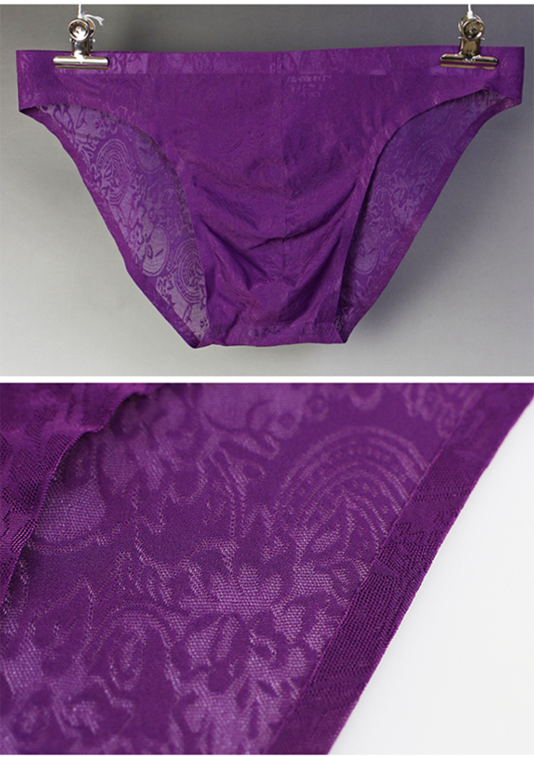猫人2件男士内裤冰丝三角裤蕾丝透明透气性感无痕低腰一片式内裤紫色