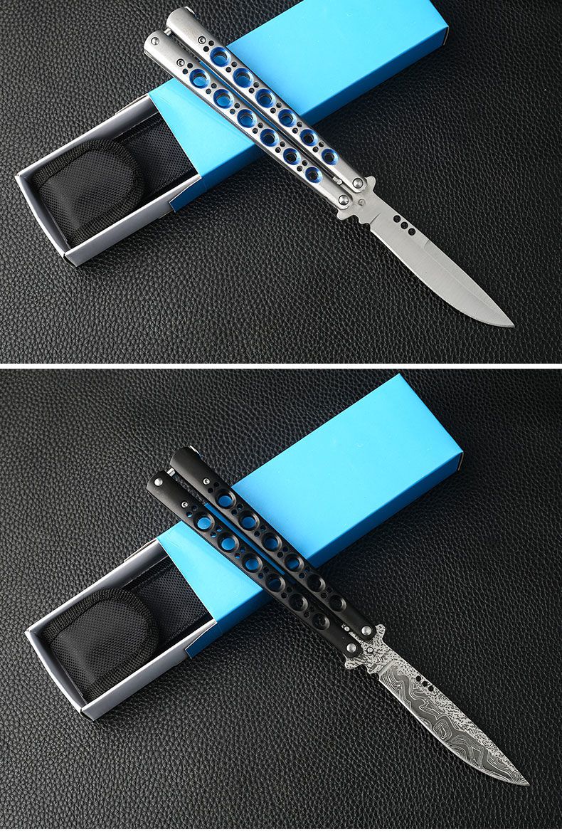 全钢蝴蝶折叠刀练习刀甩手刀野营训练刀大马钢礼品刀具户外小刀白色42