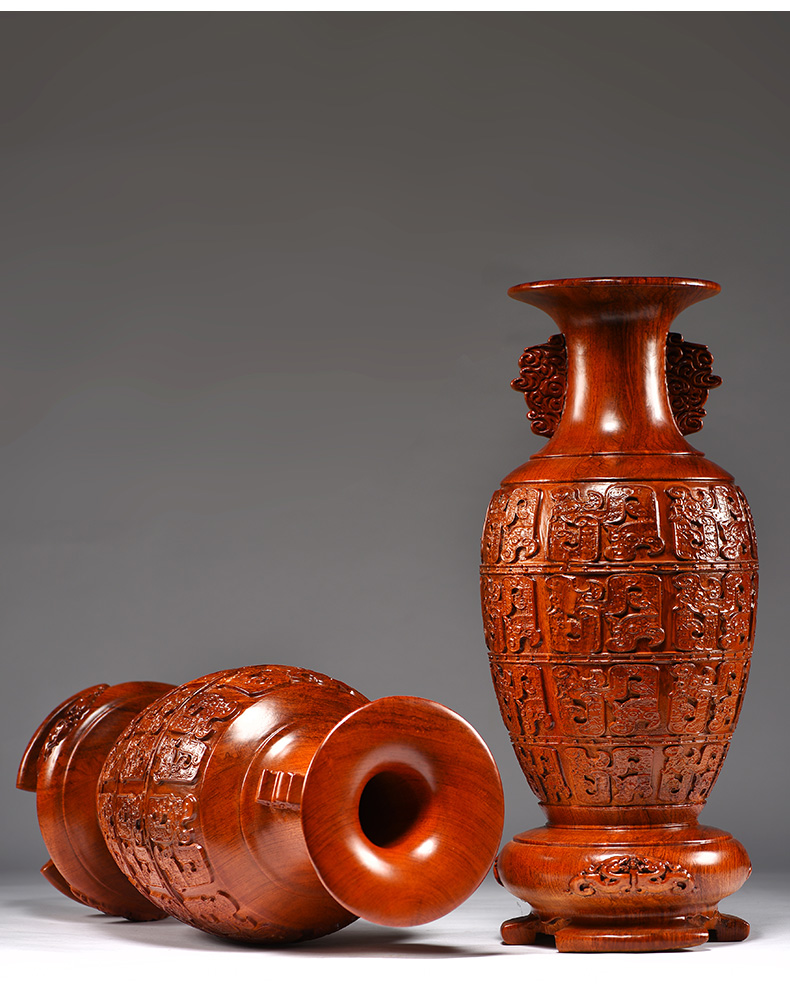 思古木雕花瓶摆件中式客厅插花红木家居装饰实木摆设乔迁送礼工艺品