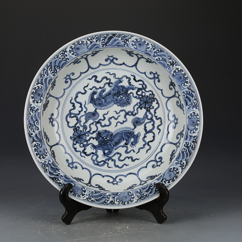 杨家ψ窑大明天顺青花麒麟纹大盘古董古玩仿古瓷器老物件陶瓷摆件鉴赏