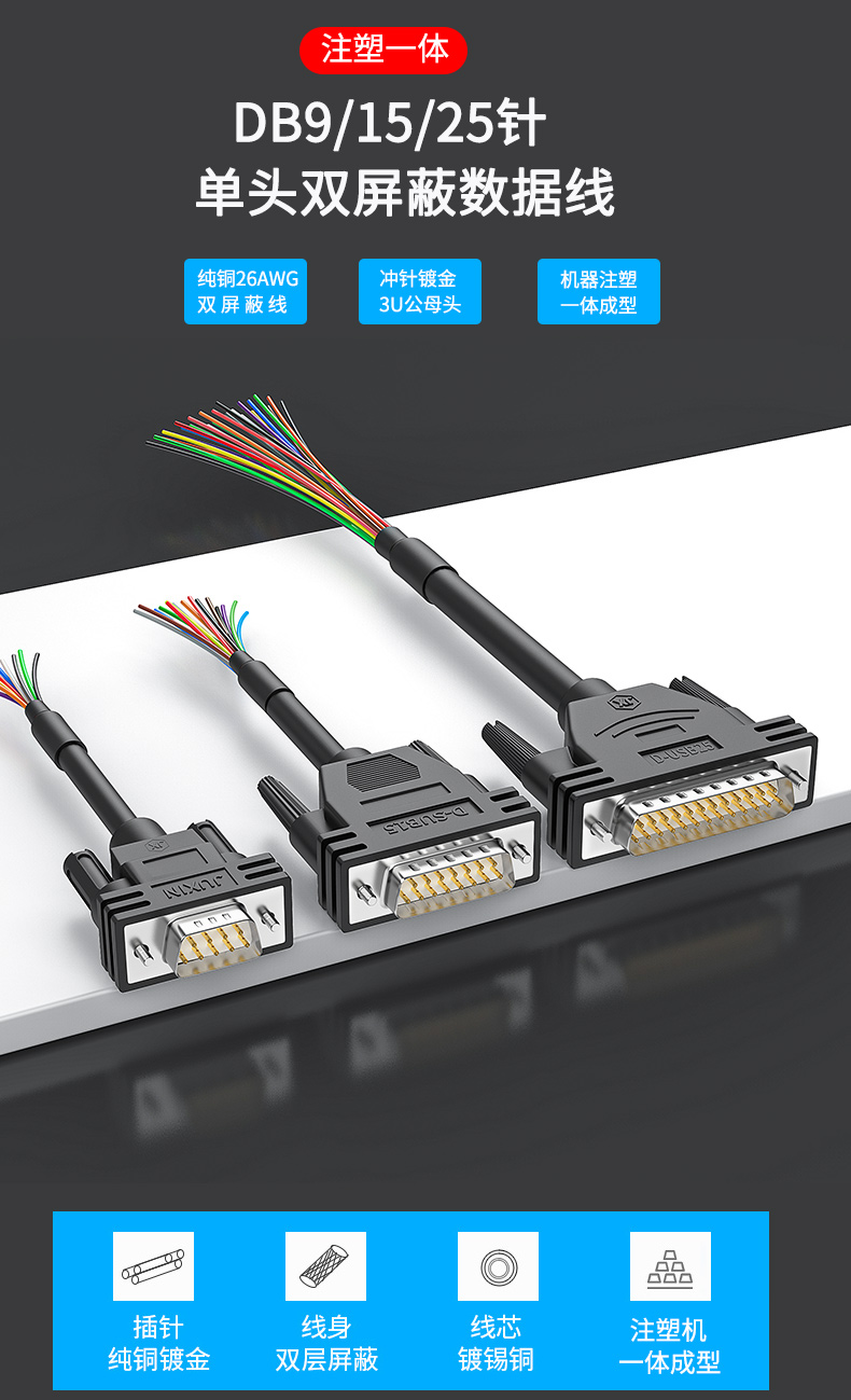 232串口db9線db15數據線db25單頭端子線單公頭母頭9針屏蔽數據線