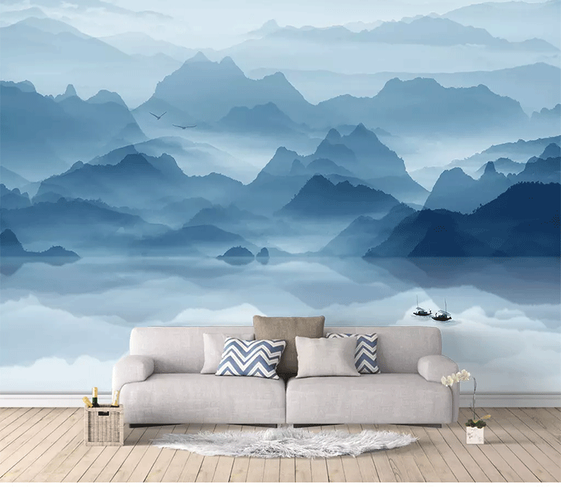 爱睿 新中式水墨山水画电视背景墙壁纸现代简约客厅无缝壁画影视墙