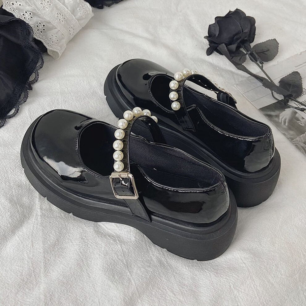 洛丽塔鞋子jk小皮鞋女2021新款法式复古英伦风珍珠仙女一字带厚底