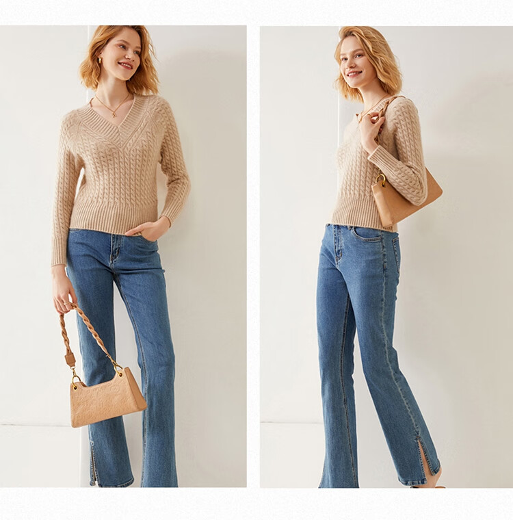 incofan加厚款四股加厚v领绞花羊绒衫女套头山羊绒毛衣针织衫 原绒色