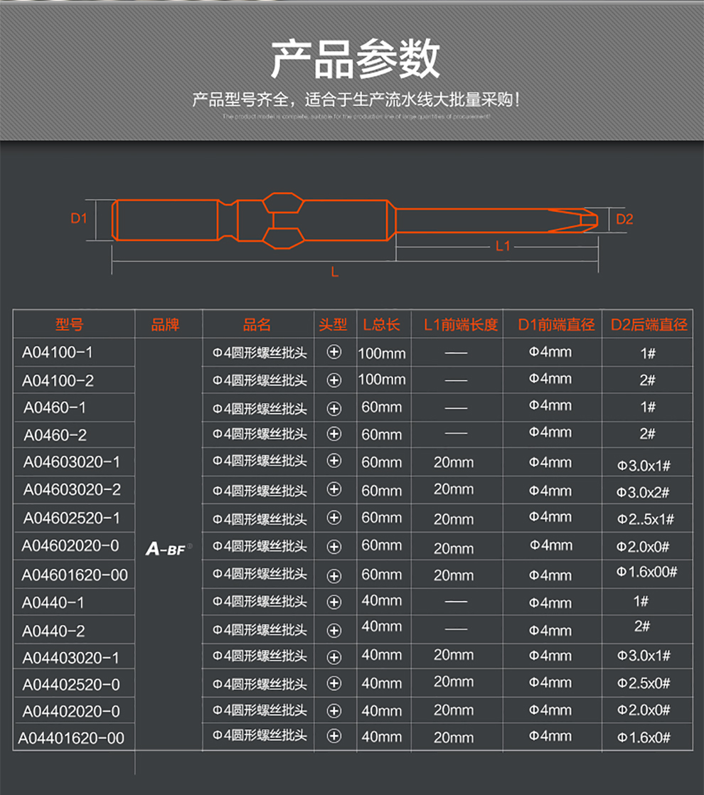 abf不凡800十字电批头4mm批咀电动螺丝刀头起子头s2材质带磁性a044