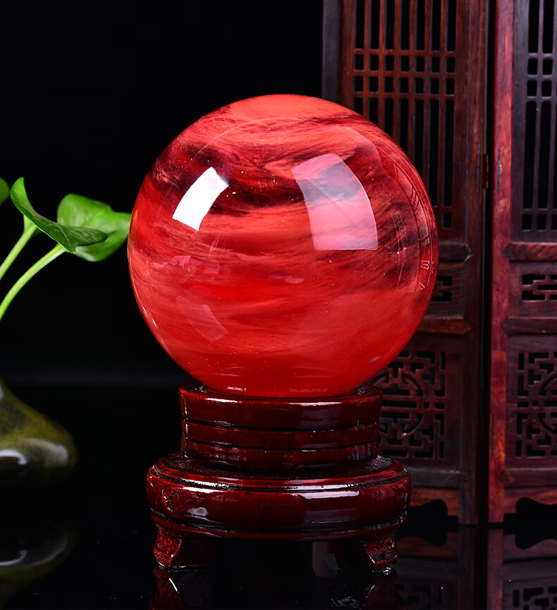 精选红水晶球摆件红色水晶球客厅办公居家摆放彩岸精选直径9厘米底座