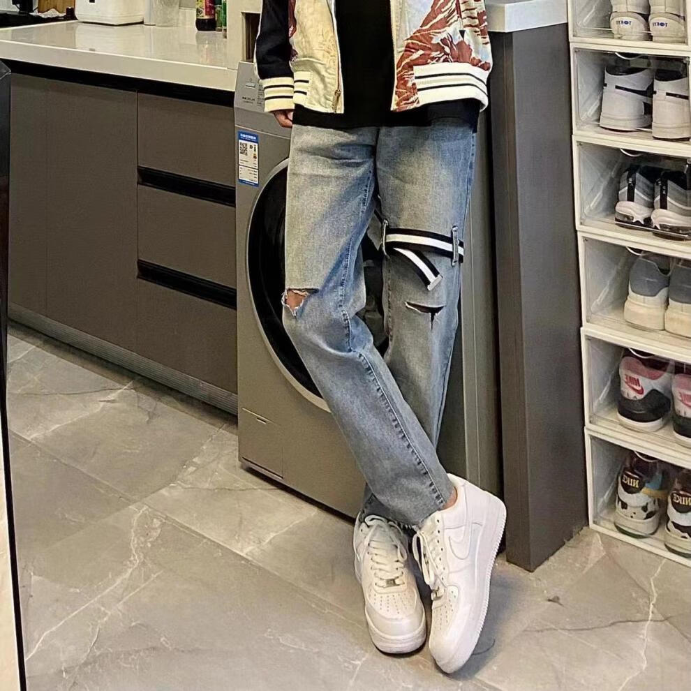 苏六6同款快手网红苏6裤子拉链破洞牛仔裤男款精神小伙直筒高街九分裤